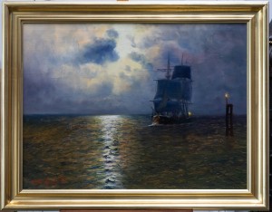 Malarz nierozpoznany Bryg zawijający do portu, (nokturn)